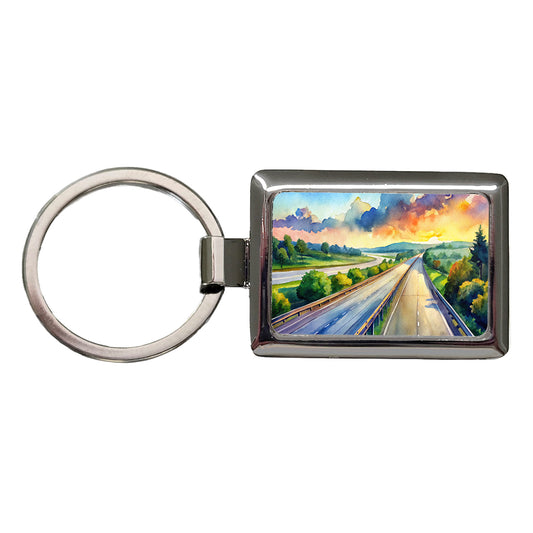 Empty Highway Stretching Into The Distance Watercolor Rectangle Metal Keychain