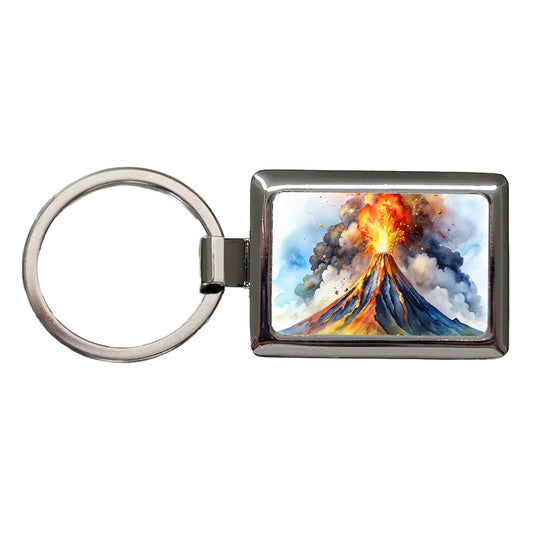 Erupting Volcano Watercolor Rectangle Metal Keychain