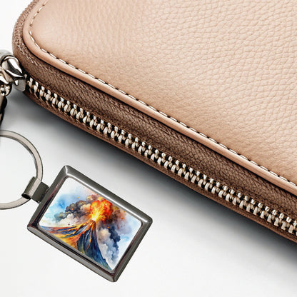 Erupting Volcano Watercolor Rectangle Metal Keychain