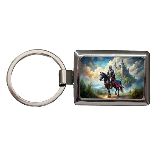 Fantasy Black Knight Astride Horse Outside Castle Watercolor Rectangle Metal Keychain