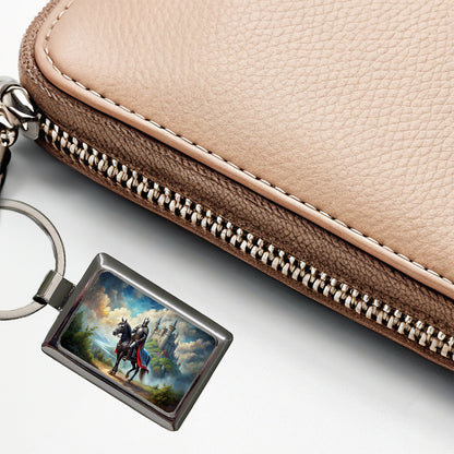 Fantasy Black Knight Astride Horse Outside Castle Watercolor Rectangle Metal Keychain