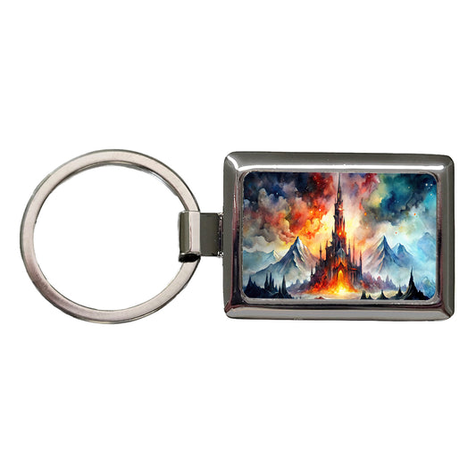 Fantasy Evil Dark Castle Watercolor Rectangle Metal Keychain