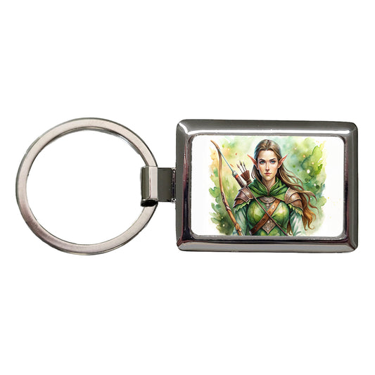 Fantasy Female Elven Ranger Watercolor Rectangle Metal Keychain