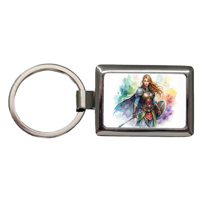 Fantasy Female Fighter Sword Shield-maiden Watercolor Rectangle Metal Keychain