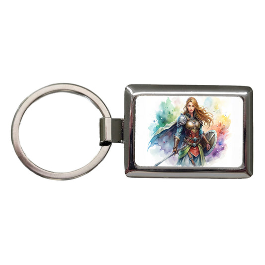 Fantasy Female Fighter Sword Shield-maiden Watercolor Rectangle Metal Keychain