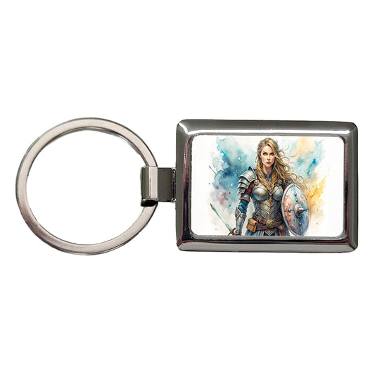 Fantasy Female Warrior Knight Watercolor Rectangle Metal Keychain