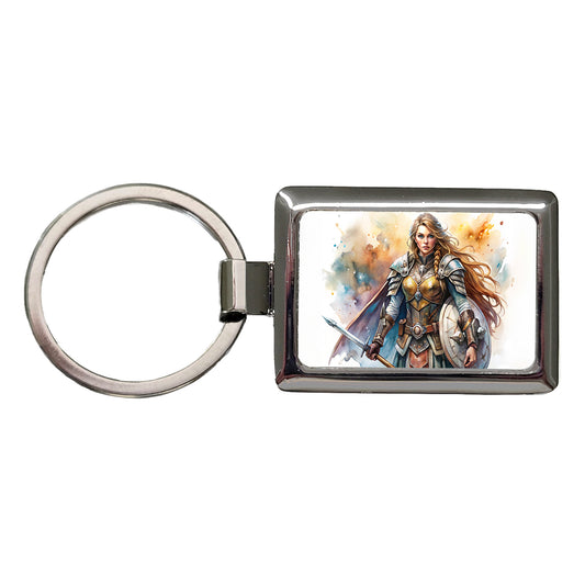 Fantasy Female Warrior Paladin Watercolor Rectangle Metal Keychain