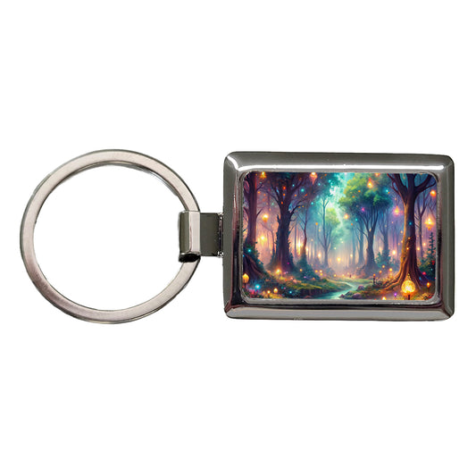 Fantasy Forest With Glowing Sprites Fae Spirits Watercolor Rectangle Metal Keychain
