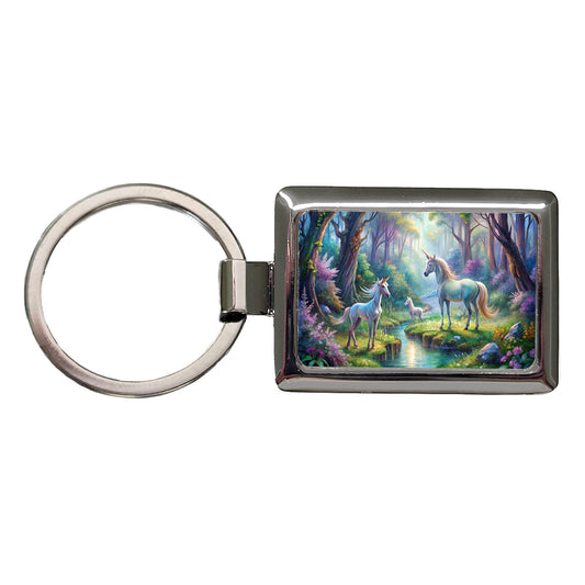 Fantasy Forest With Magical Unicorns Watercolor Rectangle Metal Keychain