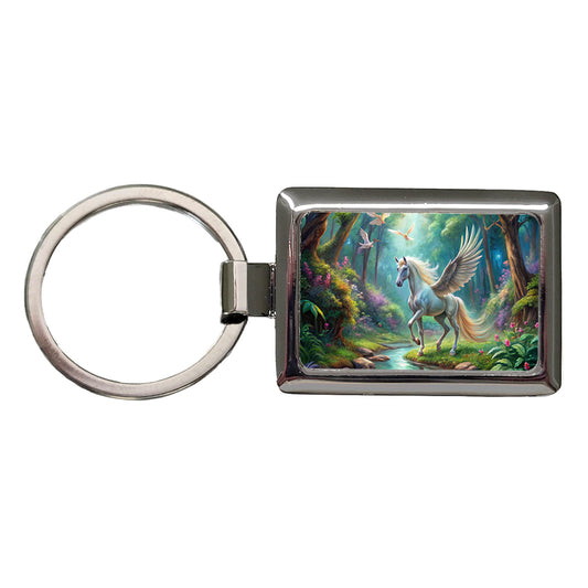 Fantasy Forest With Pegasus Winged-stallion Watercolor Rectangle Metal Keychain