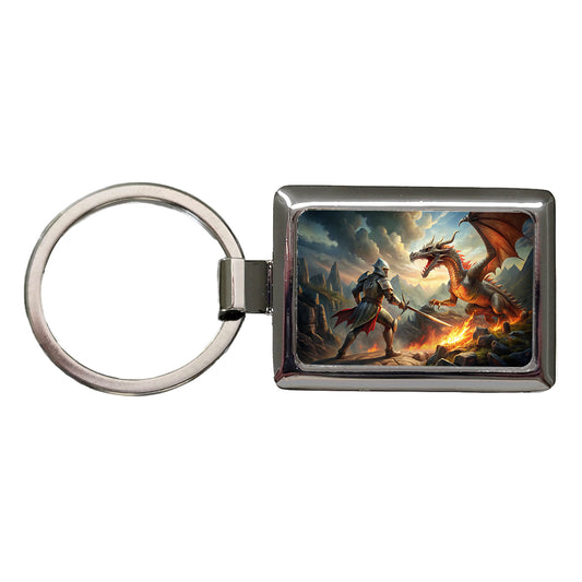 Fantasy Knight Fighting A Fire-breathing Dragon Rectangle Metal Keychain