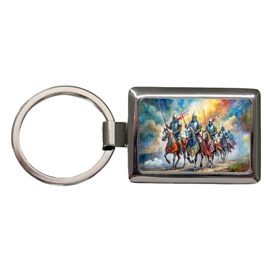 Fantasy Knights Riding To War Watercolor Rectangle Metal Keychain