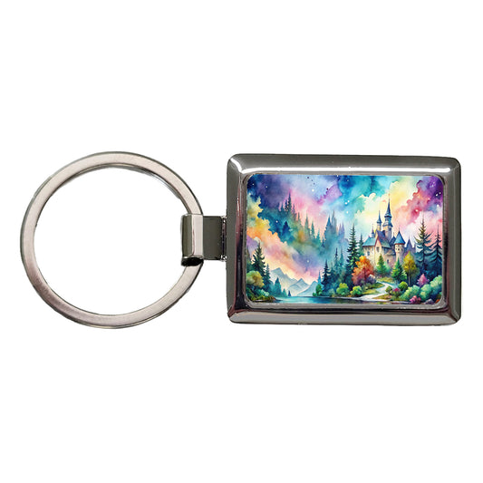 Fantasy Lake And Castle Scene Watercolor Rectangle Metal Keychain