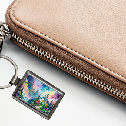 Fantasy Lake And Castle Scene Watercolor Rectangle Metal Keychain
