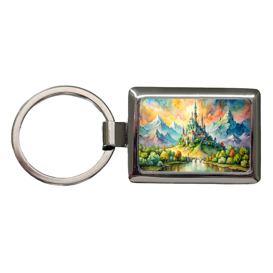 Fantasy Magical Castle On A Hill Watercolor Rectangle Metal Keychain