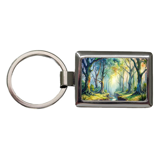 Fantasy Misty Forest Stream And Trees Watercolor Rectangle Metal Keychain