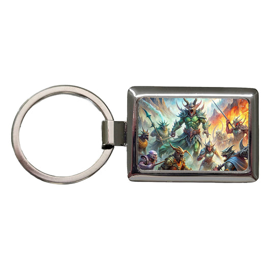 Fantasy Monsters In Battle Watercolor Rectangle Metal Keychain