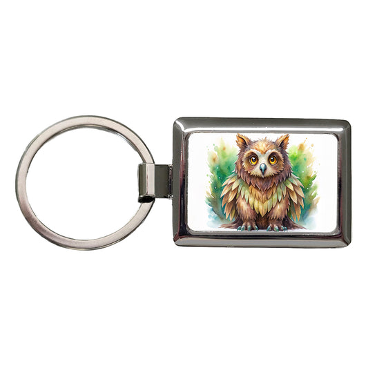 Fantasy Owl Bear Owlbear Green Background Watercolor Rectangle Metal Keychain