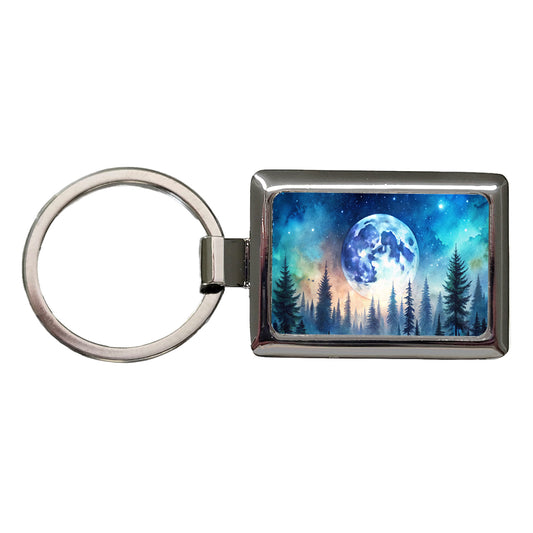 Fantasy Sci-fi World Moon Rising Over Forest Rectangle Metal Keychain