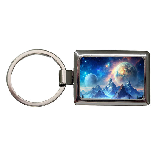Fantasy Sci-fi World Moons Rising Over Mountains Watercolor Rectangle Metal Keychain