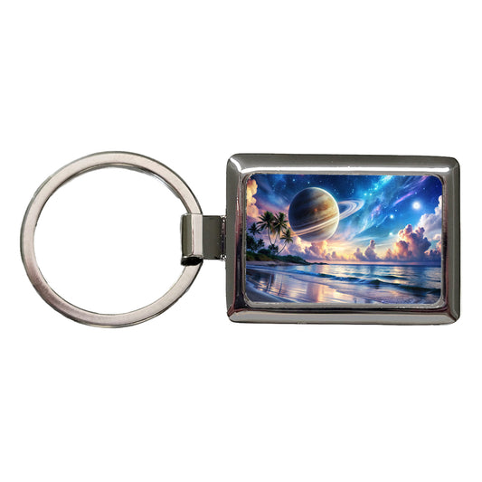 Fantasy Sci-fi World Saturn Rising Over Beach Rectangle Metal Keychain