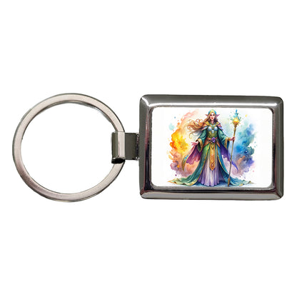 Fantasy Sorceress Colorful Magic Mana Watercolor Rectangle Metal Keychain