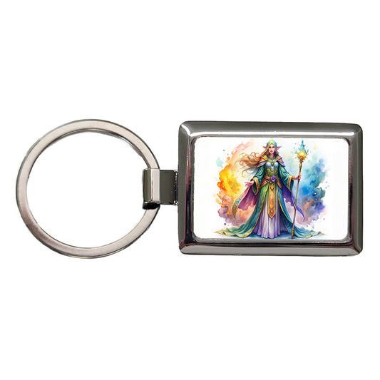 Fantasy Sorceress Colorful Magic Mana Watercolor Rectangle Metal Keychain
