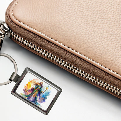 Fantasy Sorceress Colorful Magic Mana Watercolor Rectangle Metal Keychain