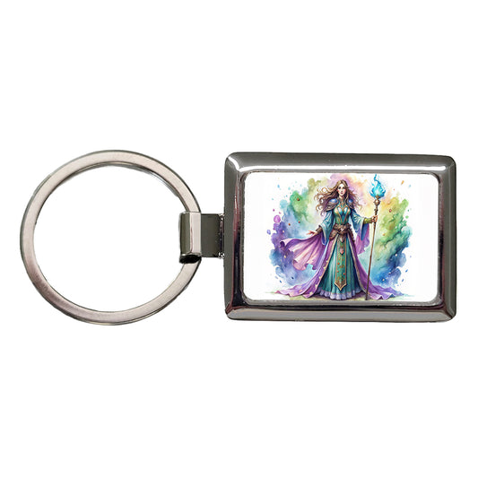 Fantasy Sorceress Purple Blue Magic Mana Watercolor Rectangle Metal Keychain