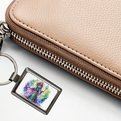 Fantasy Sorceress Purple Blue Magic Mana Watercolor Rectangle Metal Keychain