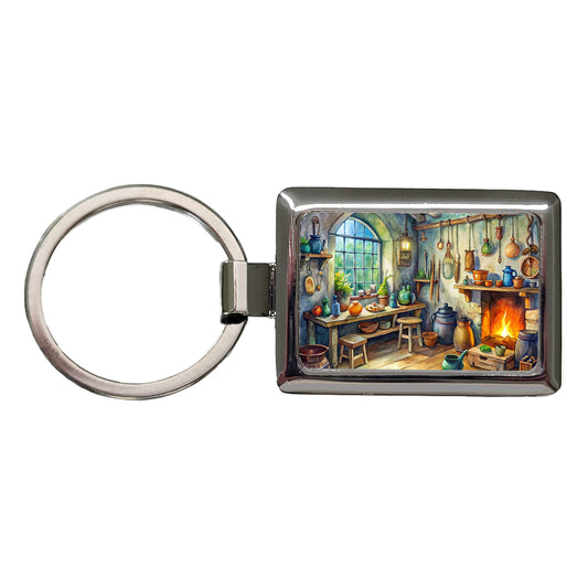 Fantasy Witch's Workshop Watercolor Rectangle Metal Keychain
