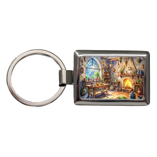 Fantasy Wizard's Sorcerer's Workshop Watercolor Rectangle Metal Keychain