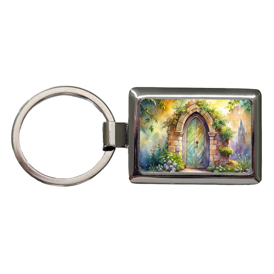 Fantasy World Doorway Fairy Gnome Elven Watercolor Rectangle Metal Keychain