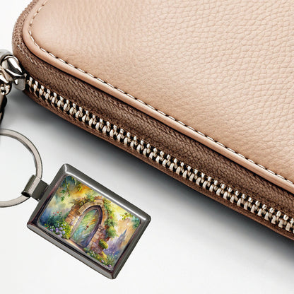 Fantasy World Doorway Fairy Gnome Elven Watercolor Rectangle Metal Keychain