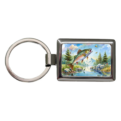 Fish Jumping Stream Lake Fishing Watercolor Rectangle Metal Keychain