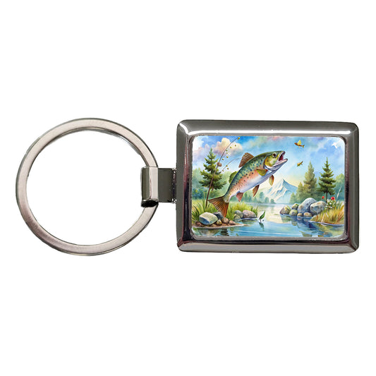 Fish Jumping Stream Lake Fishing Watercolor Rectangle Metal Keychain