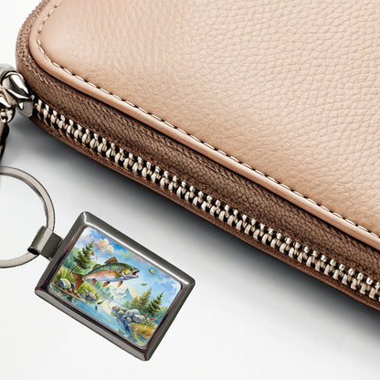 Fish Jumping Stream Lake Fishing Watercolor Rectangle Metal Keychain