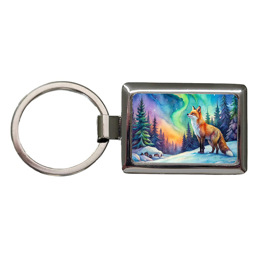 Fox And Northern Lights Watercolor Rectangle Metal Keychain