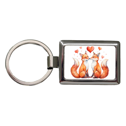 Foxes In Love With Hearts Valentine's Day Rectangle Metal Keychain