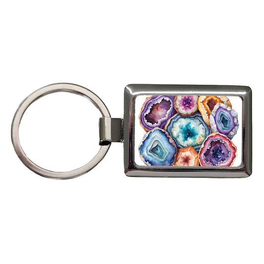 Geode Volcanic Crystals Cut Open Watercolor Rectangle Metal Keychain