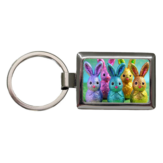 Glitter Easter Bunnies Rabbits Chocolate Rectangle Metal Keychain