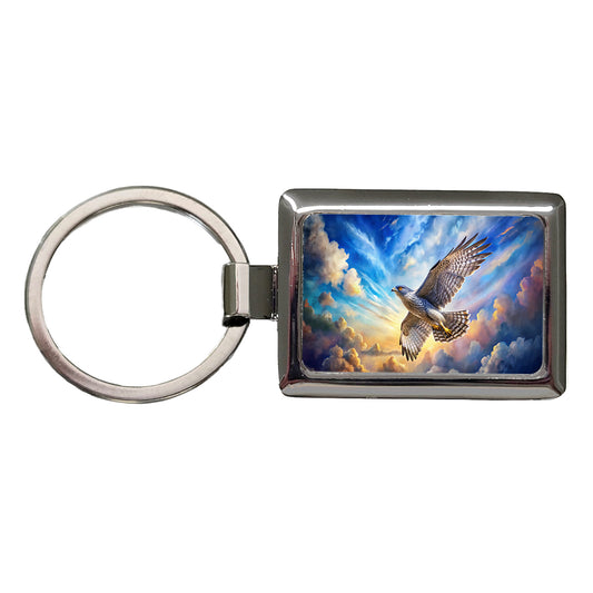 Goshawk Raptor Bird Of Prey In Flight Sky Clouds Watercolor Rectangle Metal Keychain