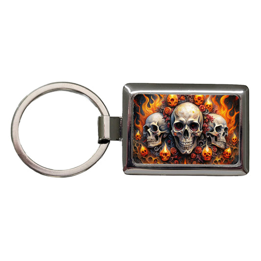 Gothic Skulls And Flames Watercolor Rectangle Metal Keychain