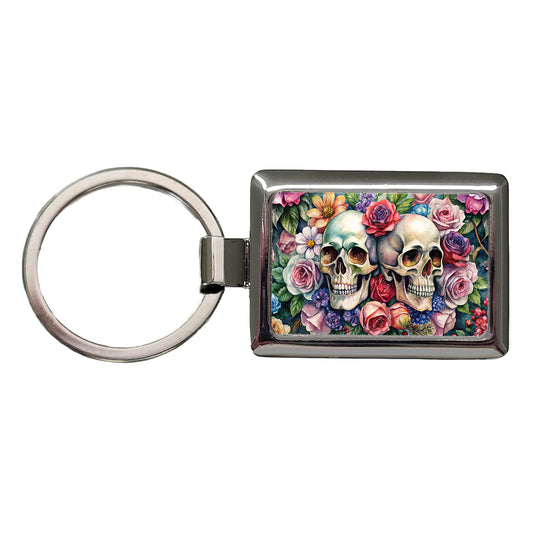 Gothic Skulls And Flowers Watercolor Rectangle Metal Keychain