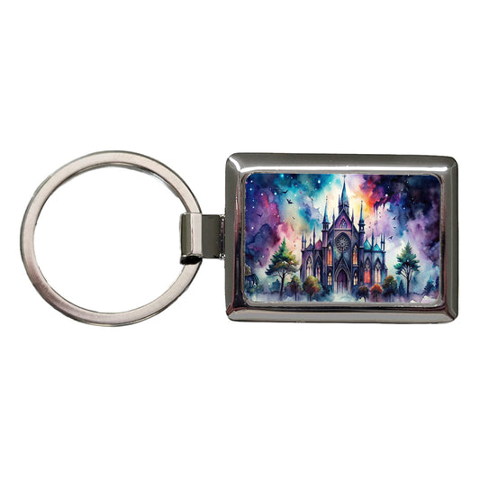 Gothic Style Church Watercolor Rectangle Metal Keychain