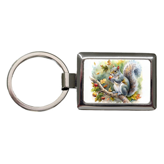 Gray Squirrel Eating Acorn In Tree Watercolor Rectangle Metal Keychain