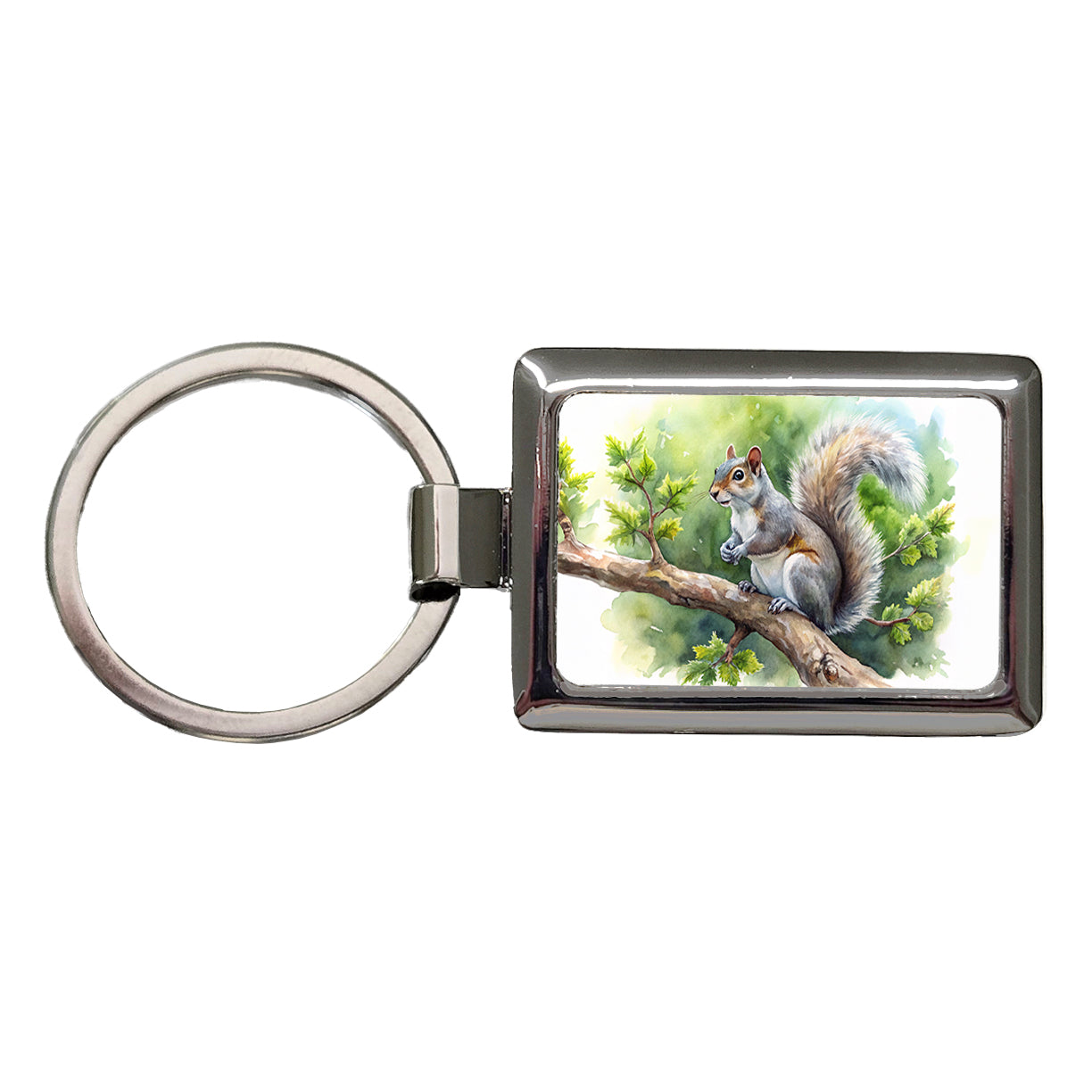 Gray Squirrel In Tree Watercolor Rectangle Metal Keychain