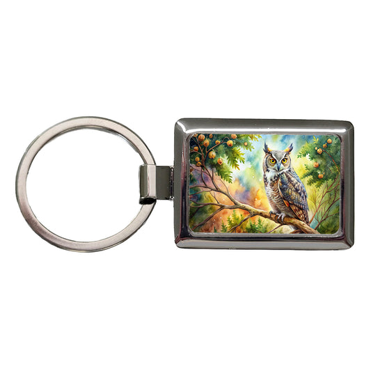 Great Horned Owl In Tree Watercolor Rectangle Metal Keychain