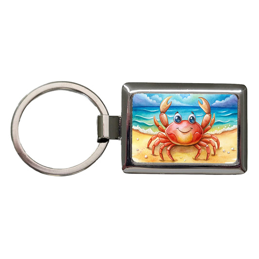 Happy Crab On The Tropical Beach Watercolor Rectangle Metal Keychain