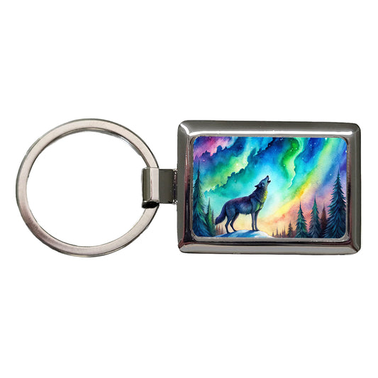 Howling Wolf And Northern Lights Watercolor Rectangle Metal Keychain